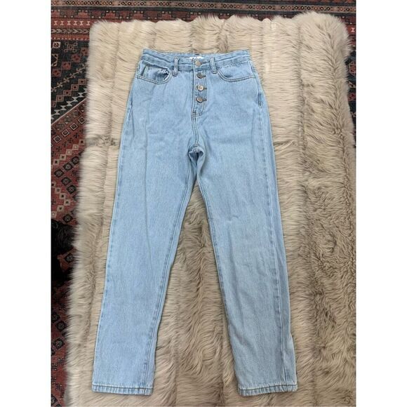 Princess Polly Fall in Line Mom Jeans sz 4 Blue High Rise Button Fly Rigid Denim - Picture 1 of 7